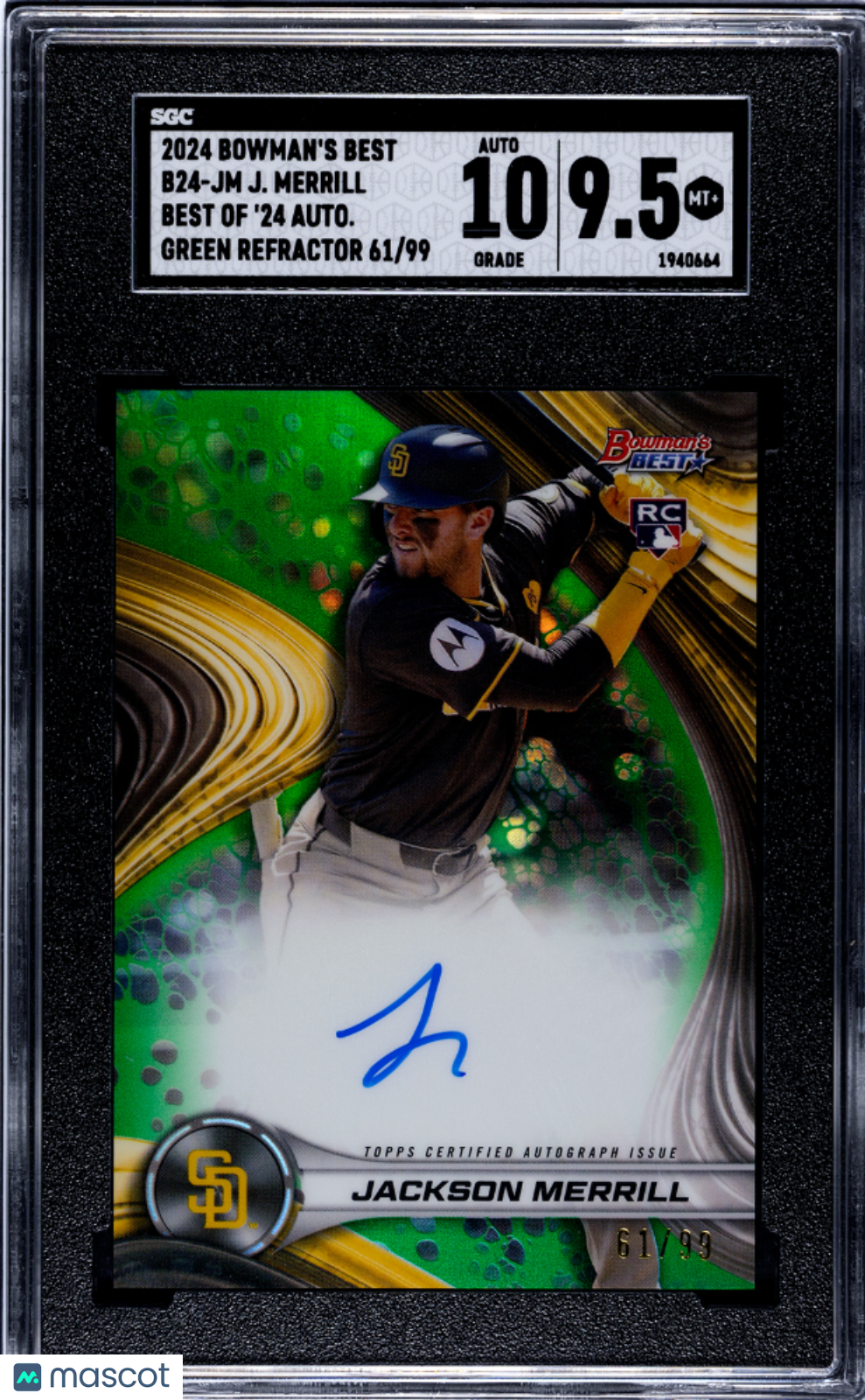 Baseball Bowman 2024 Bowman'S Best Jackson Merrill #B24-Jm Green Refractor SGC 9.5 Auto 10