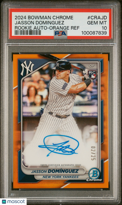 Baseball Bowman 2024 Bowman Chrome Rookie Autojasson Dominguez #Crajd Orange Ref 02/25 PSA 10