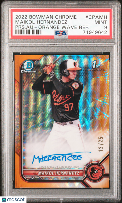 Baseball Bowman 2022 Bowman Prospect Auto Maikol Hernandez Au Orange Wave Refractor /25 PSA