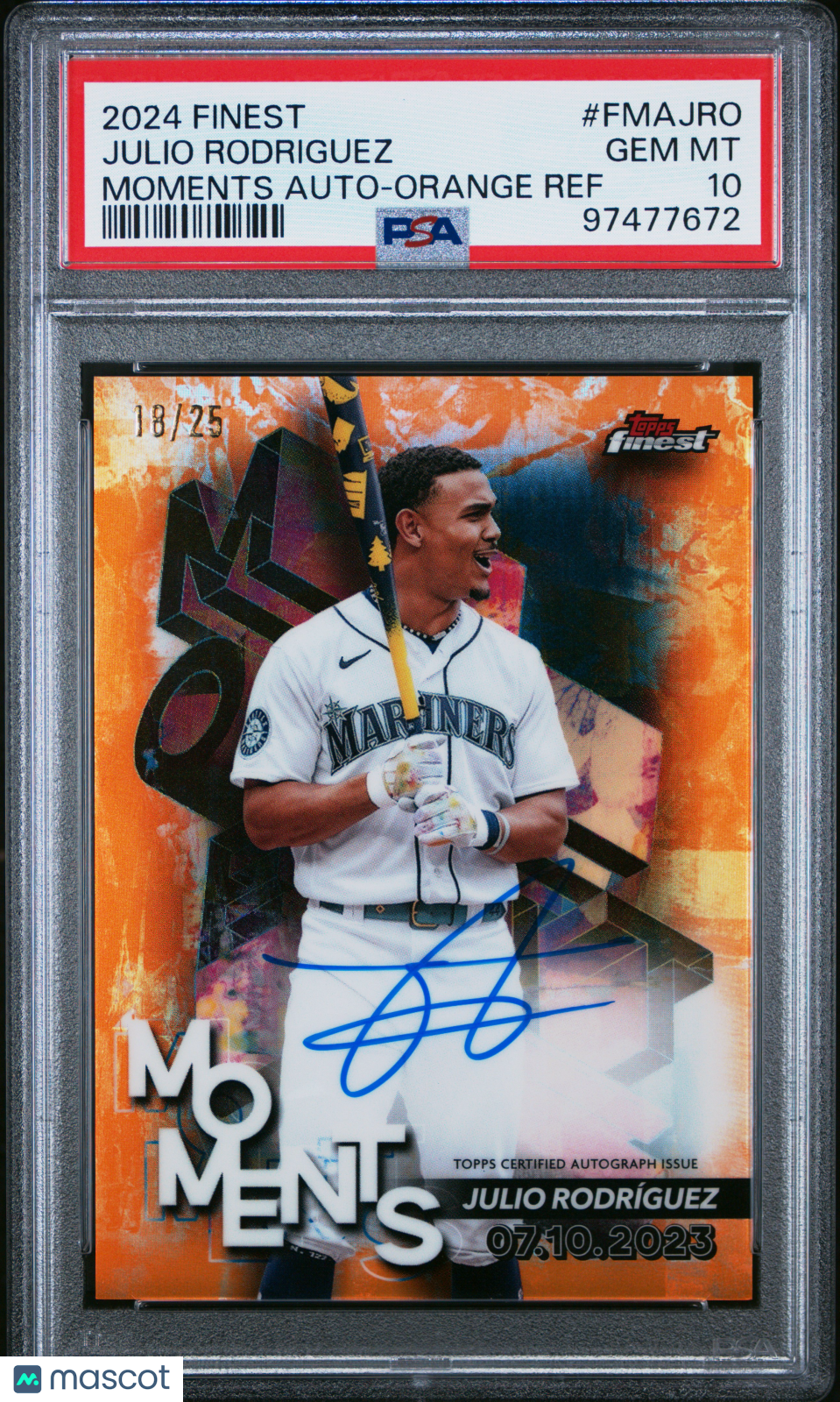 Sports Topps 2024 Topps Finest Moments Auto Julio Rodriguez #Fmajro Orange Ref 18/25 PSA 10