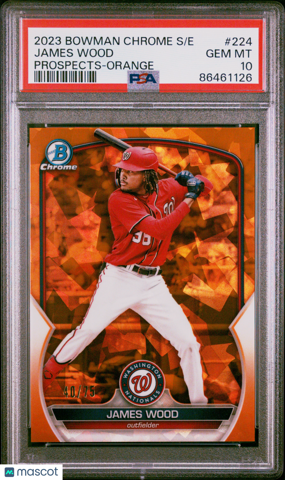 Baseball Bowman 2023 Bowman Chrome Sapphire Prospects James Wood #224 Orange 40/75 PSA 10