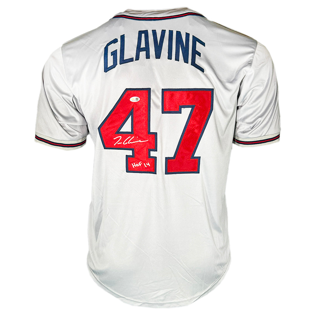 Tom Glavine Signed Hof 14 Inscription Atlanta Grey Baseball Jersey (Jsa)