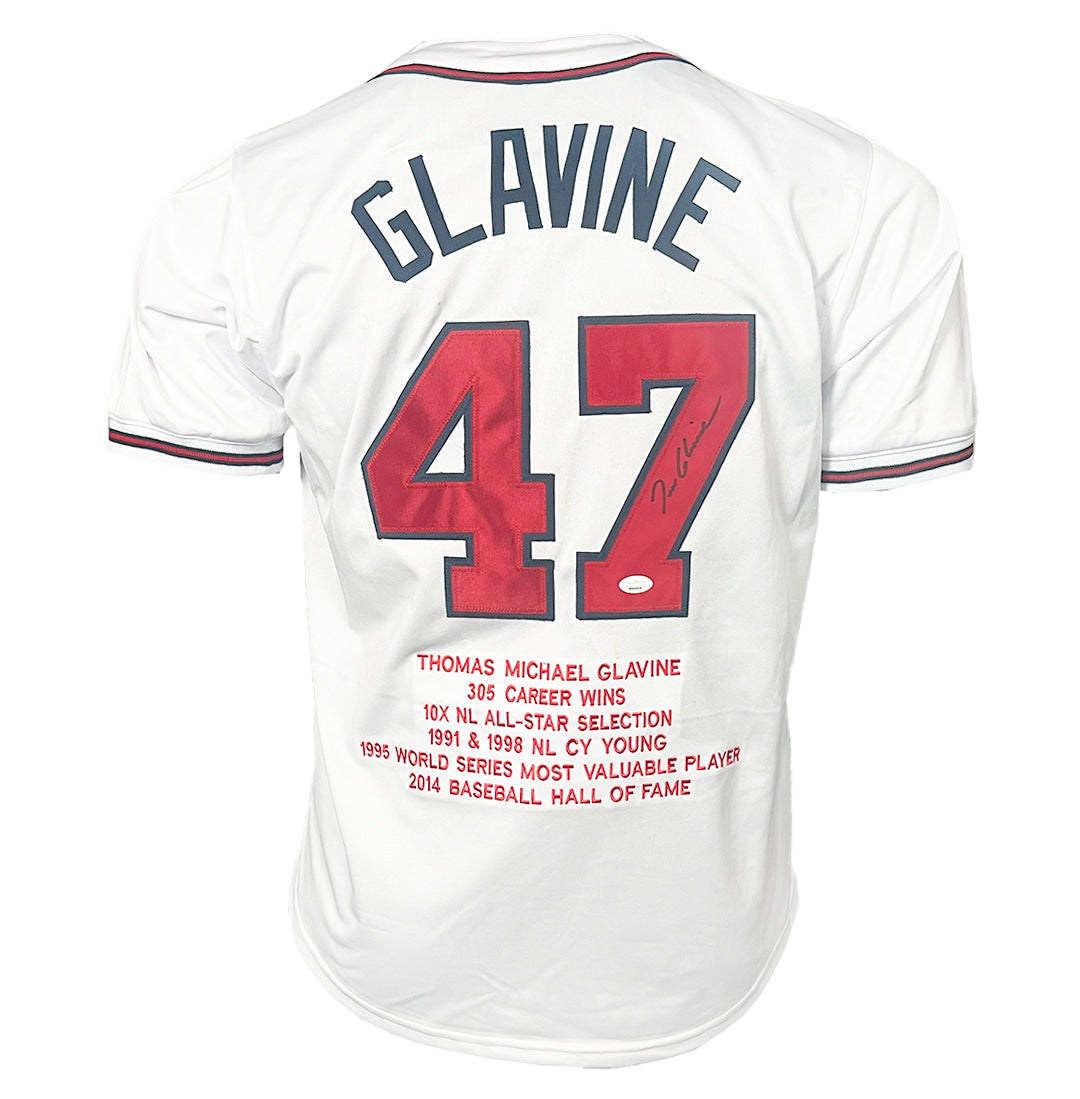 Tom Glavine Signed Atlanta White Red Stats Baseball Jersey (Jsa)