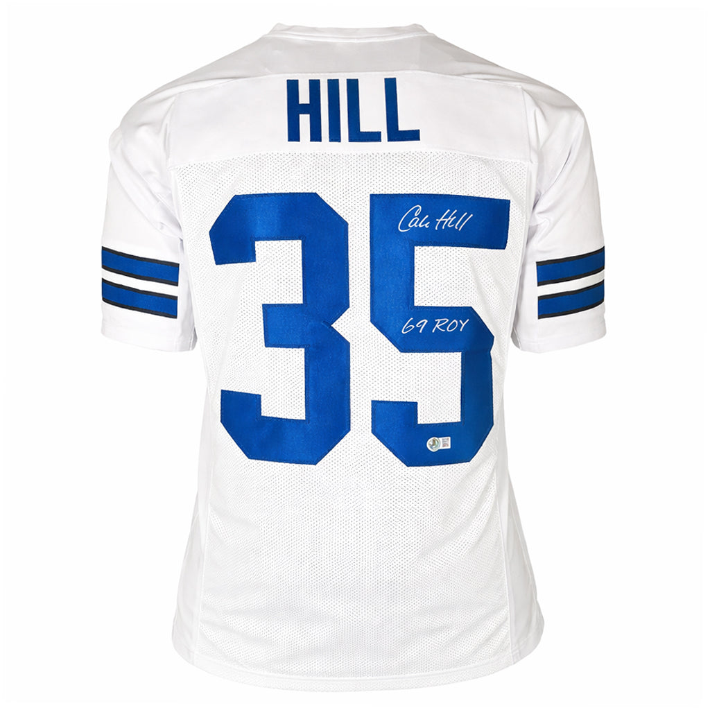 Calvin Hill Signed 69 Roy Inscription Dallas White Football Jersey (Beckett)
