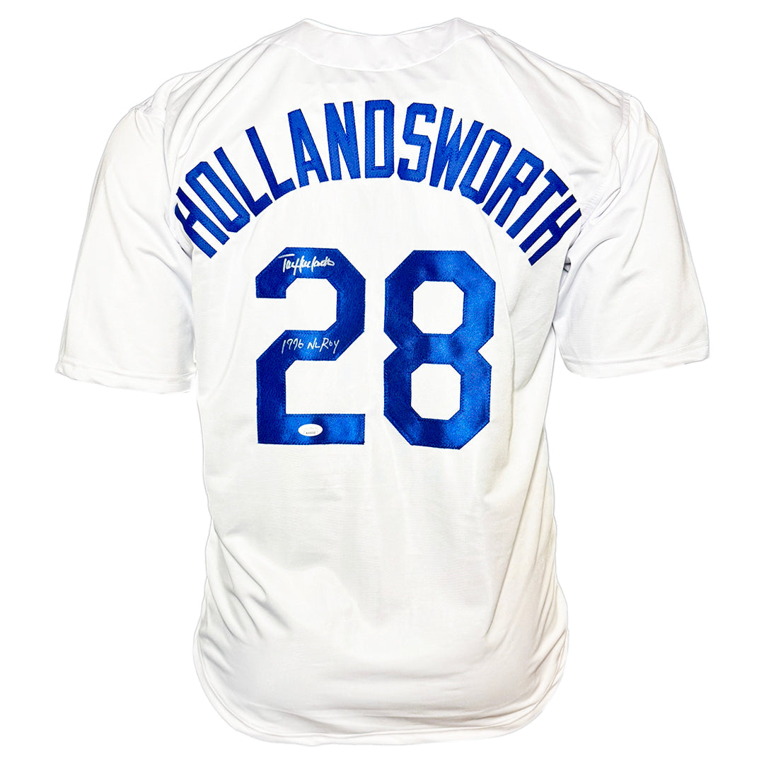Todd Hollandsworth Signed 1996 Nl Roy Inscription Los Angeles White Baseball Jersey (Jsa)