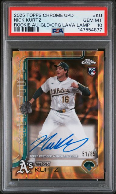Baseball Topps Nick Kurtz 2025 Topps Chrome Update Autograph Gold/Orange Lava Lamp Ref. Rc #'D 51/85 PSA 10