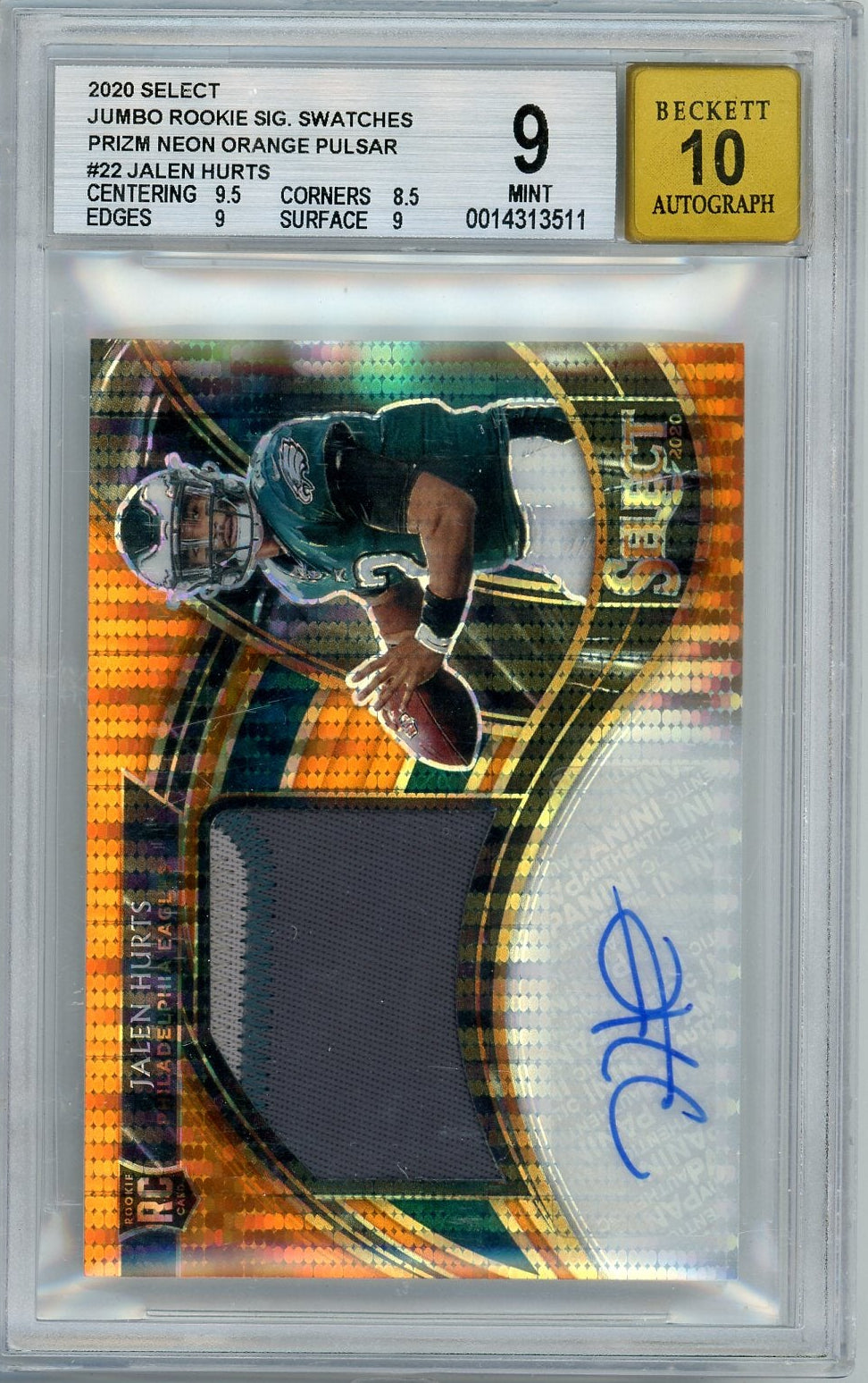 Sports Panini Jalen Hurts 2020 Panini Select Jumbo Rookie Sig. Swatches Neon Orange Pulsar RPA #'D 16/25 BGS 9 Auto 10