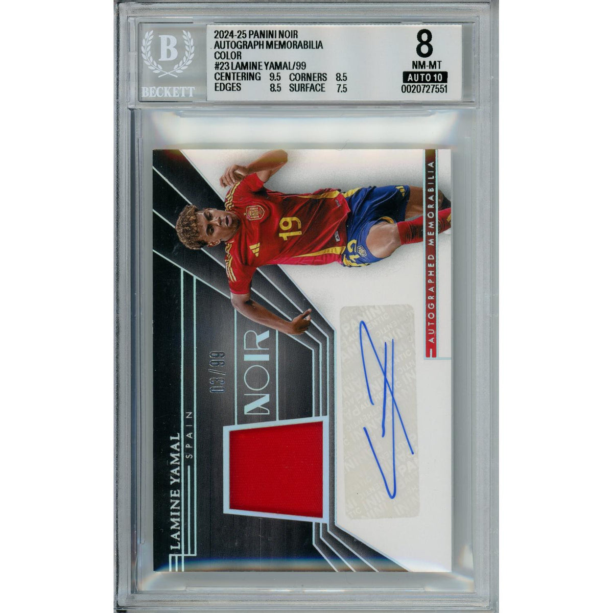 Sports Panini Sports Graded: Lamine Yamal #23 Panini Noir Autograph (2024-25) Color Beckett 8