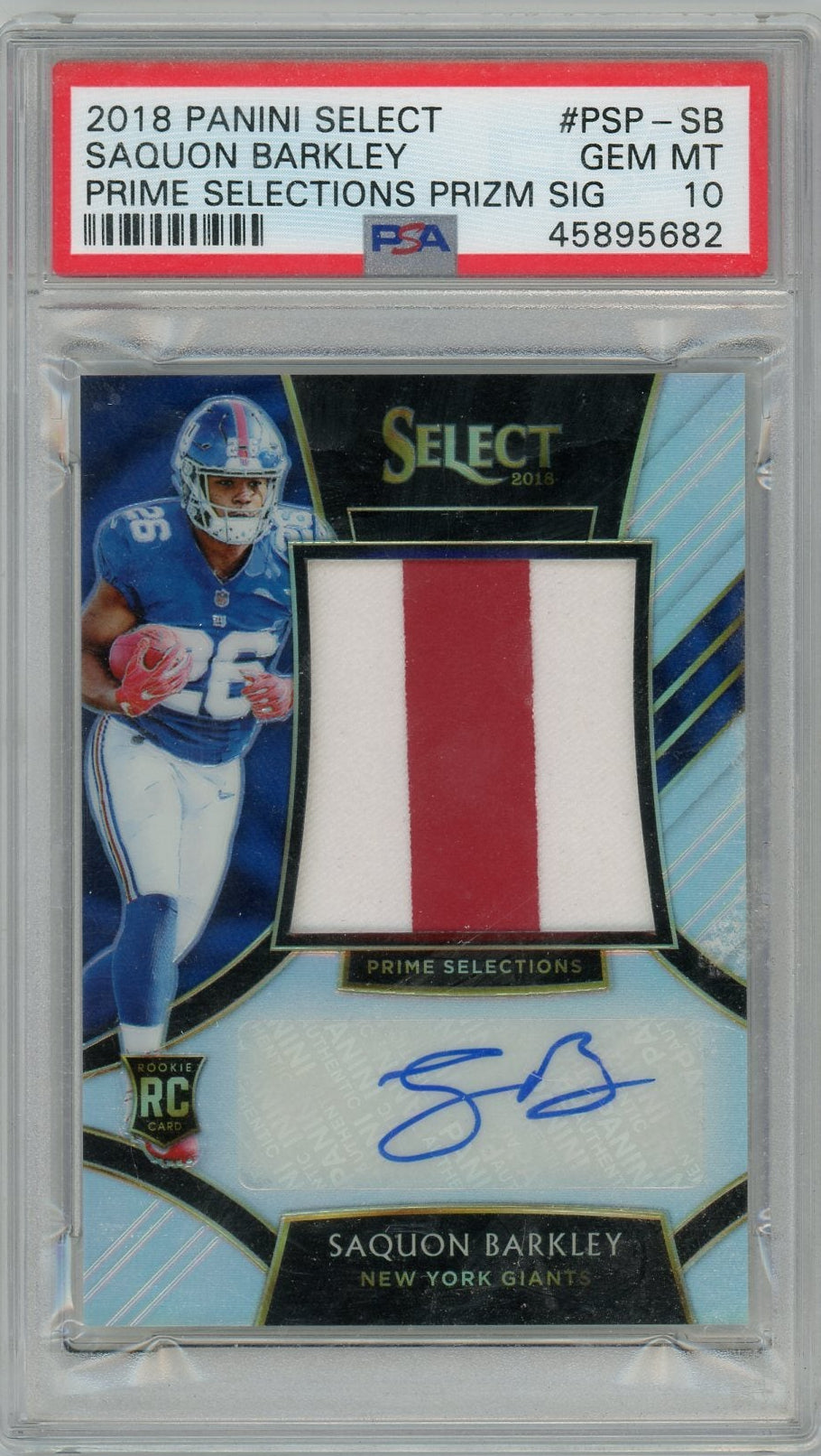 Sports Panini Saquon Barkley 2018 Panini Select Prime Selections Prizm RPA #'D 21/35 PSA 10