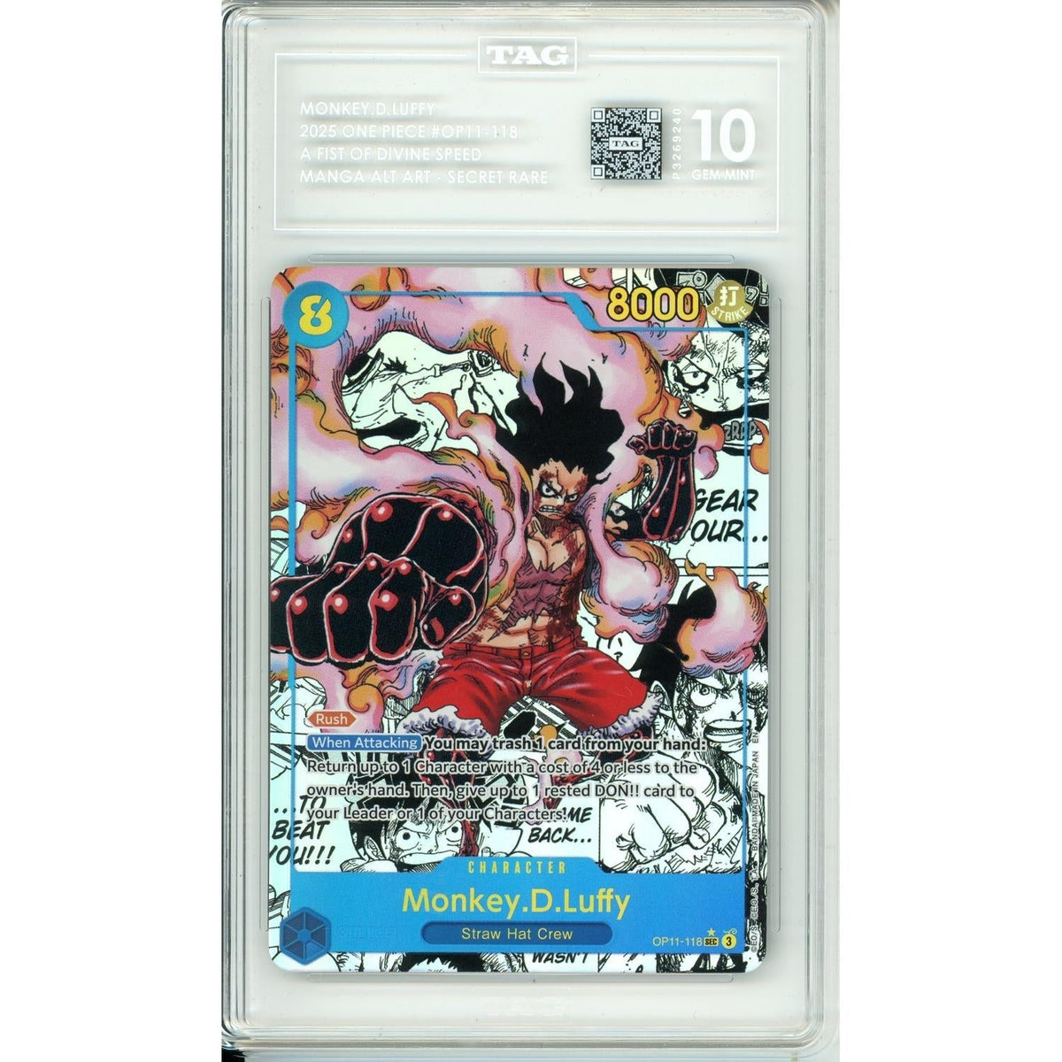 One Piece TCG One Piece Graded: Monkey D. Luffy Op11-118 A Fist Of Divine Speed Tag 10