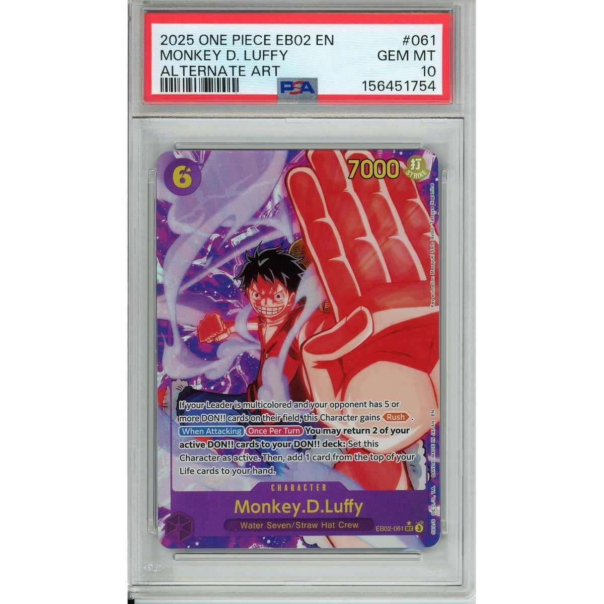 One Piece TCG One Piece Graded: Monkey D. Luffy Eb02-061 Alternate Art PSA 10