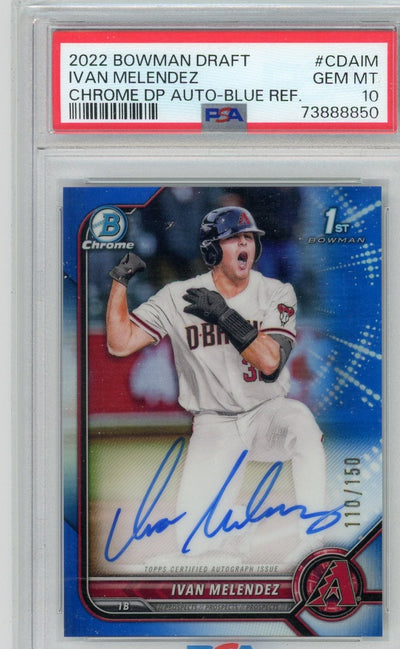 Baseball Bowman Ivan Melendez 2022 1st Bowman Draft Blue Refractor Autograph #'D 110/150 PSA 10