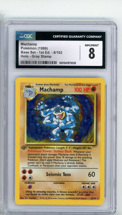 Pokémon Machamp 1999 Pokemon Base Set 1st Edition Holo - Gray Stamp #8/102 CGC 8