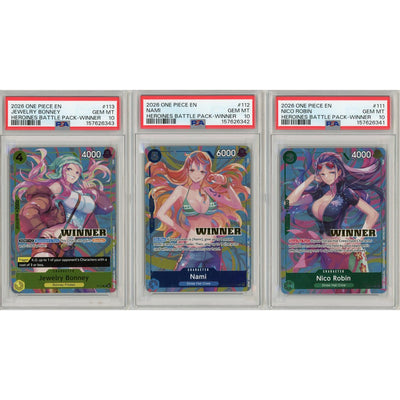 One Piece TCG One Piece Graded: Nico Robin #111, Nami #112, Jewelry Bonney #113 Heroines Battle Pack Winner Sequential Set Of 3 PSA 10