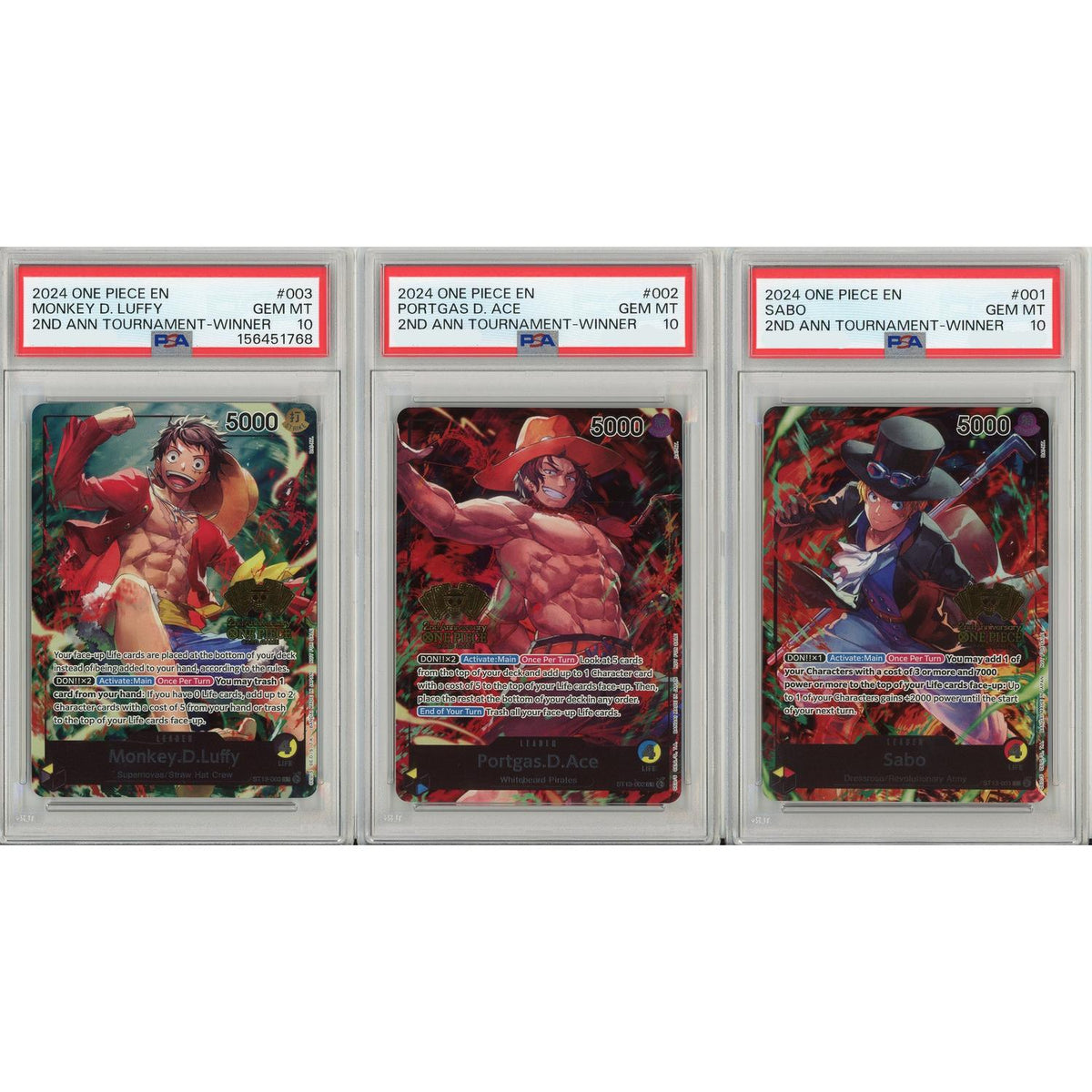 One Piece TCG One Piece Graded: Sabo #1, Portgas D. Ace #2 Monkey D. Luffy #3 2nd Anniversary Winners Set Of 3 PSA 10
