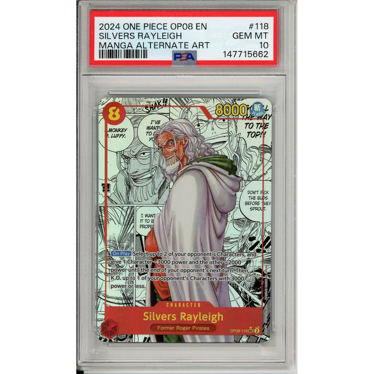 One Piece TCG One Piece Graded: Silvers Rayleigh Alt Art Manga Op08-118 Two Legends PSA 10