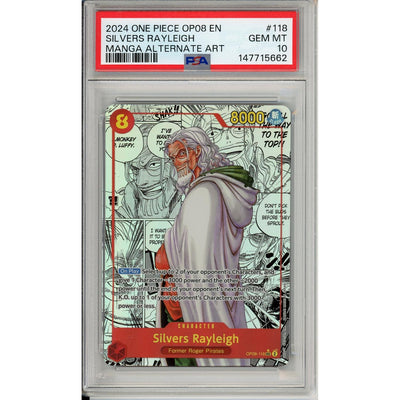 One Piece TCG One Piece Graded: Silvers Rayleigh Alt Art Manga Op08-118 Two Legends PSA 10