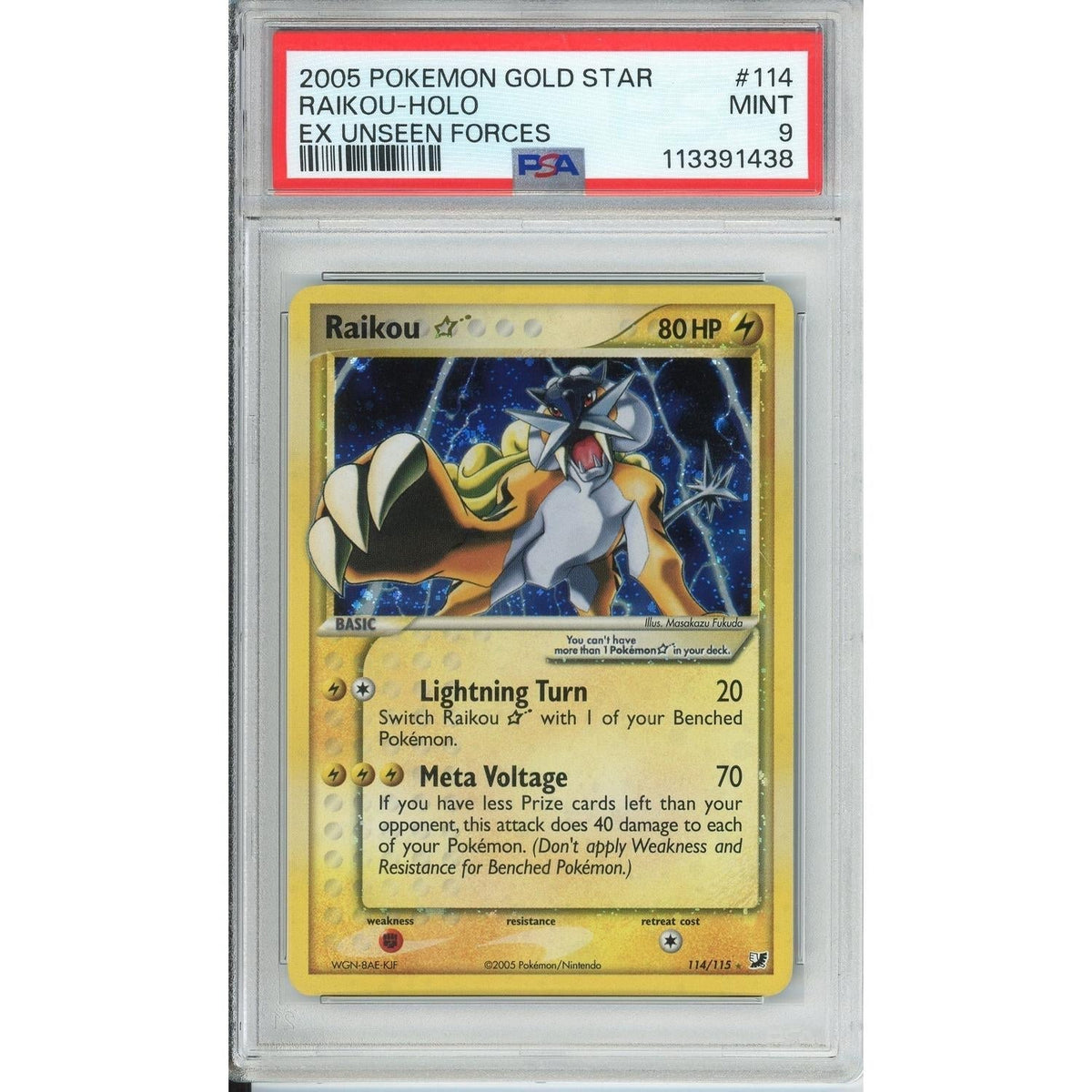 Pokémon Pokemon Graded: Raikou Gold Star 114/115 EX Unseen Forces (2005) Holo PSA 9