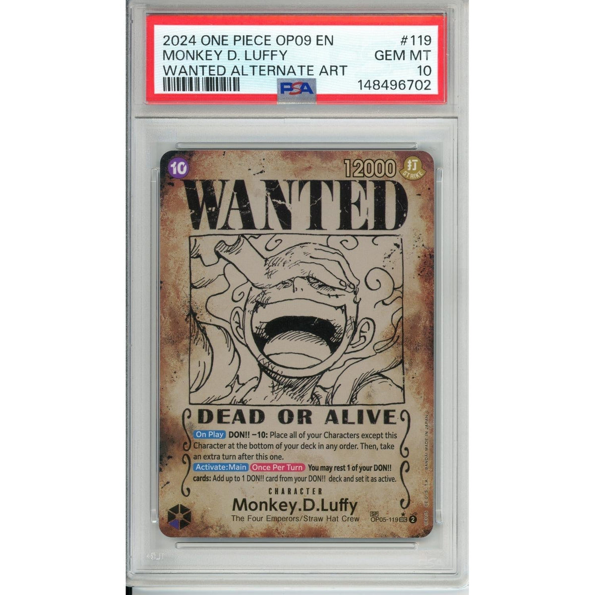 One Piece TCG One Piece Graded: Monkey D. Luffy Wanted Poster Alt Art Op05-119 Emperors In The New World PSA 10