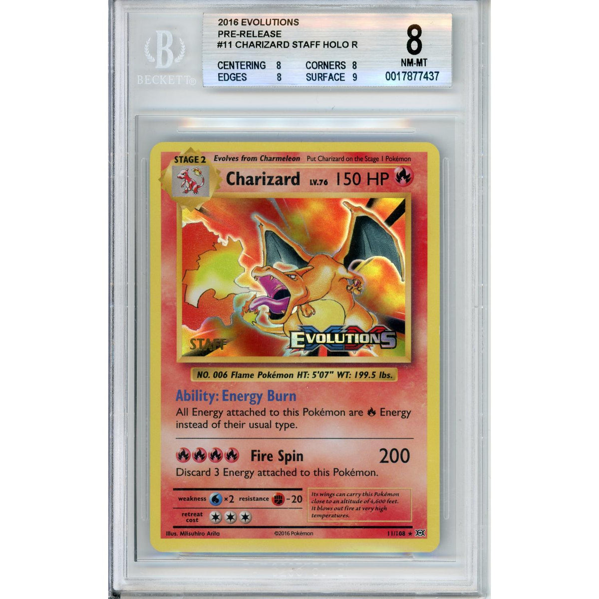 Pokémon Pokemon Graded: Charizard 11/108 Evolutions Staff Promo (2016) Beckett 8