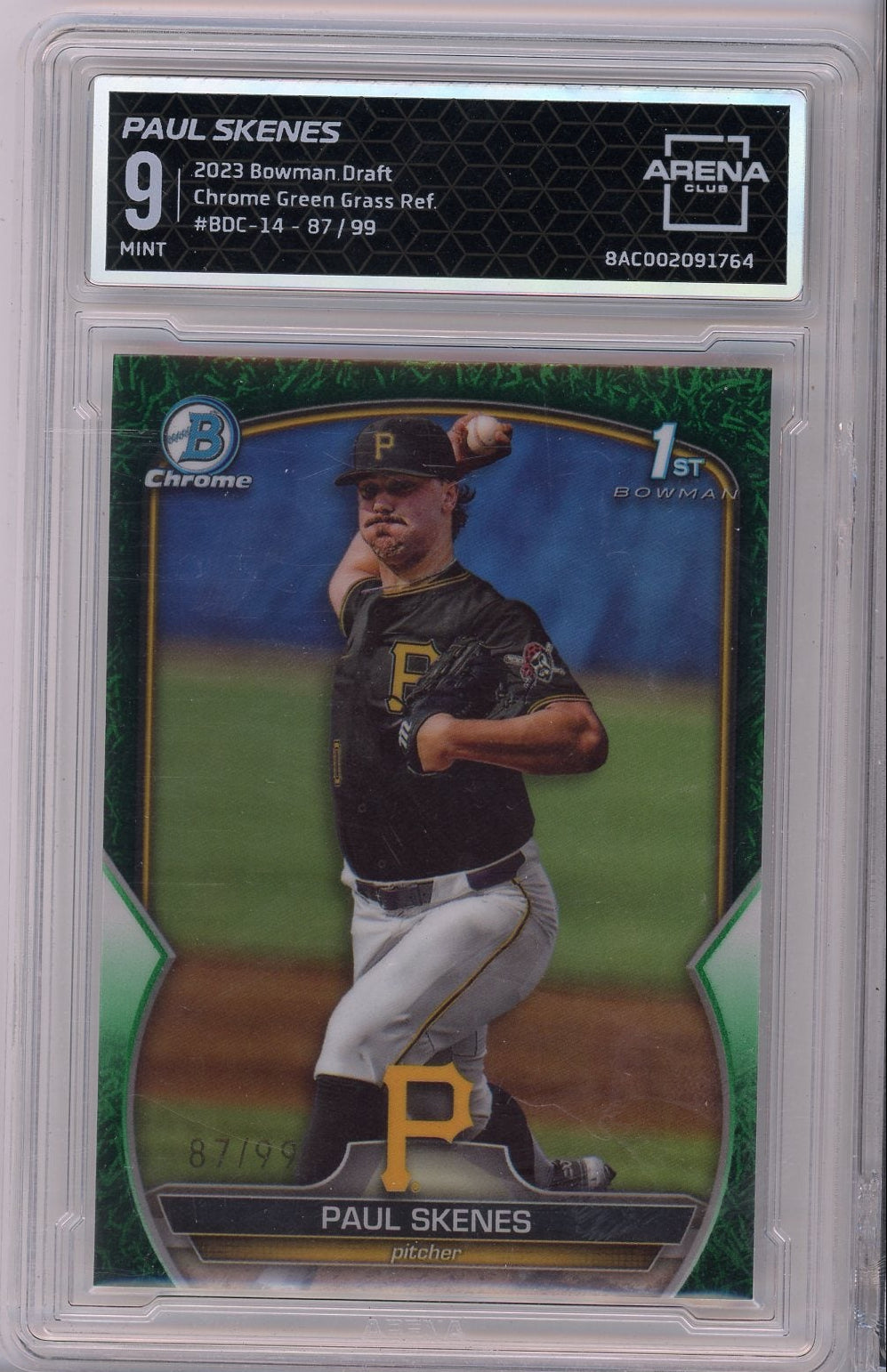 Baseball Bowman Paul Skenes 2023 Bowman Draft 1st Bowman Chrome Green Grass Refractor #'D 87/99 Arena 9