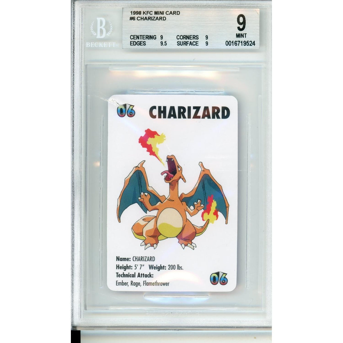 Pokémon Pokemon Graded: 1998 Kfc Mini Card Charizard #6 Beckett 9 Mint