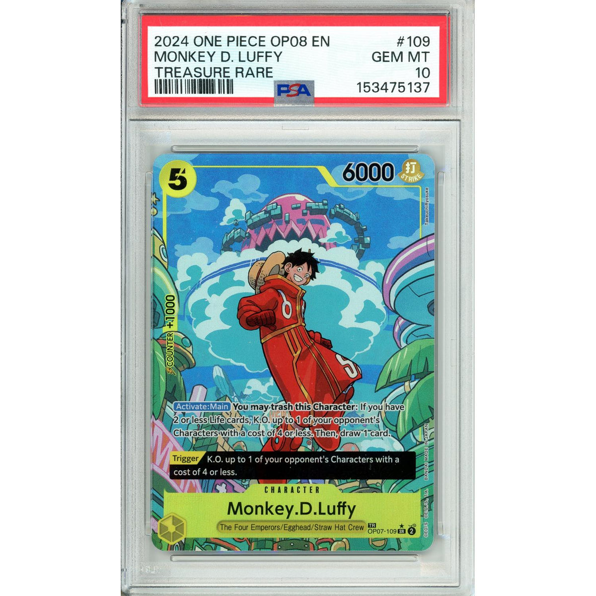 One Piece TCG One Piece Graded: Monkey D. Luffy Op07-109 Treasure Rare PSA 10