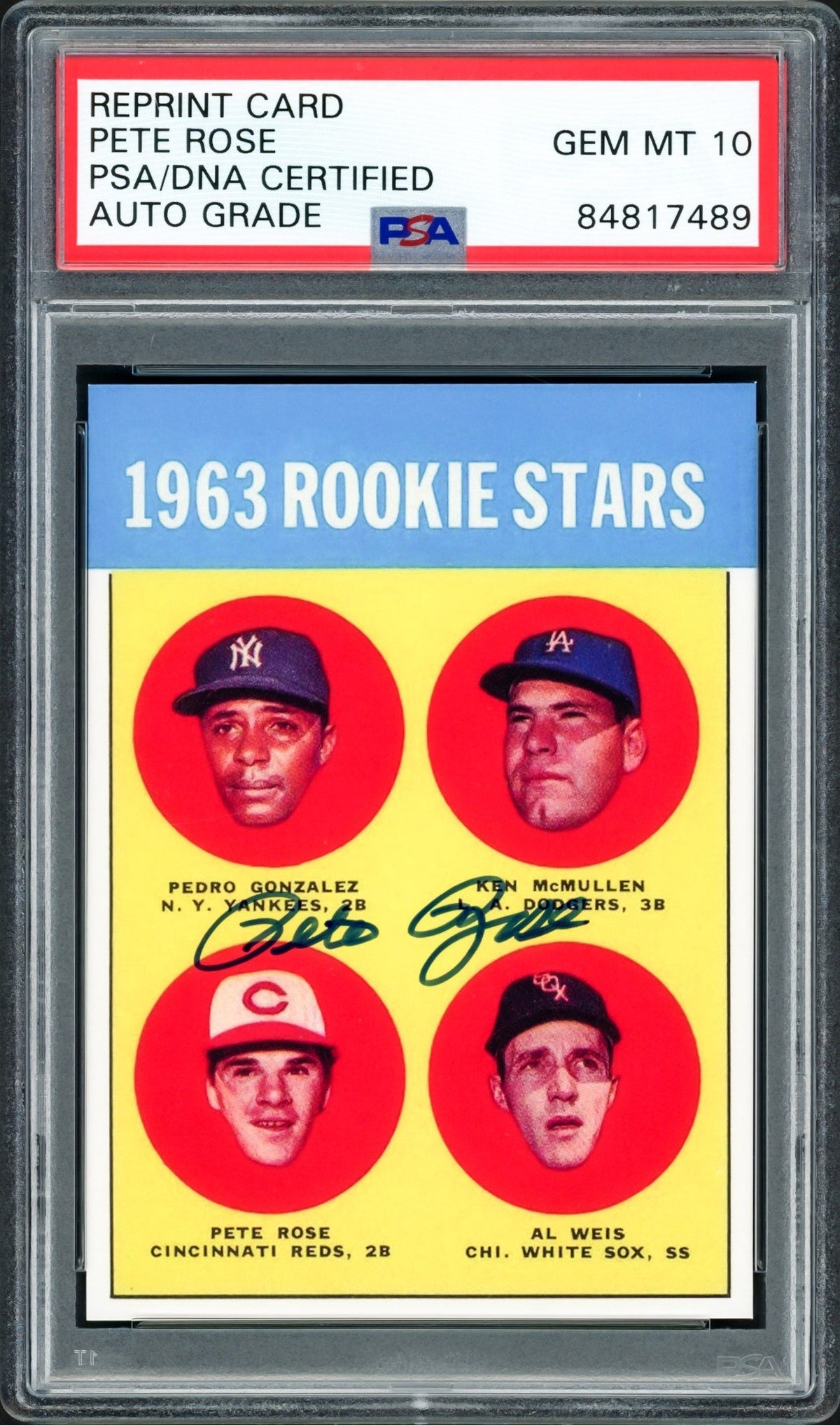 Pete Rose Autographed 1963 Topps Rookie Retro Reprint Card #537 Cincinnati Reds Auto Grade Gem Mint 10 PSA/Dna Stock #211870