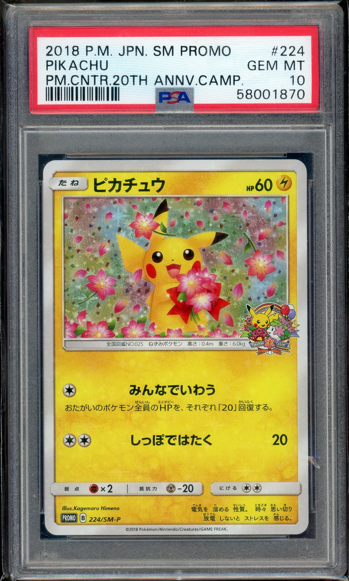 Pokémon PSA 10 Pikachu Pm.Cntr.20th Annv.Camp.