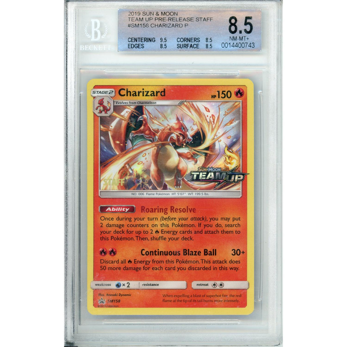 Pokémon Pokemon Graded: Charizard #Sm158 Team Up Prerelease Staff (2019) Beckett 8.5