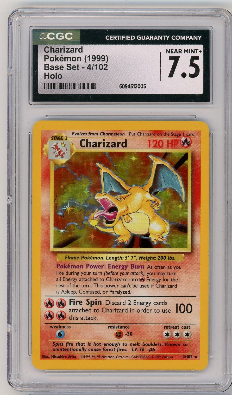 Pokémon Charizard 1999 Pokemom Base Set Holo #4/102 CGC 7.5