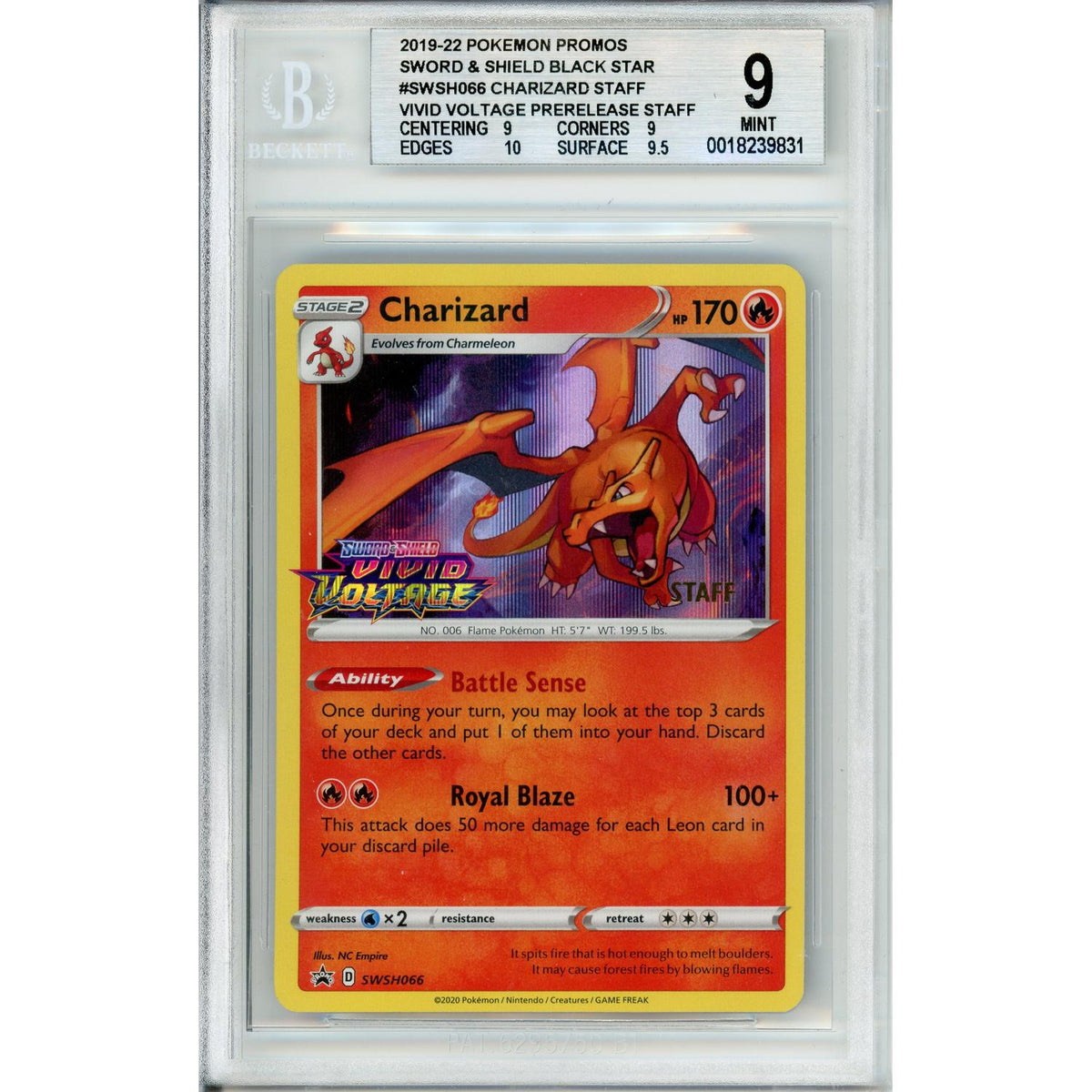 Pokémon Pokemon Graded: Charizard #Swsh066 Vivid Voltage Prerelease Staff Beckett 9
