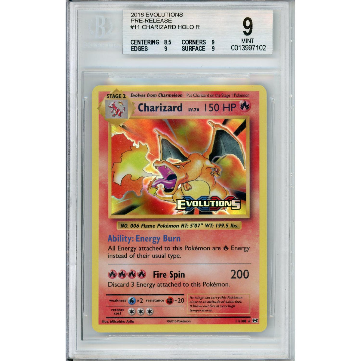 Pokémon Pokemon Graded: Charizard 11/108 Pre-Release Evolutions (2016) Holo Beckett 9