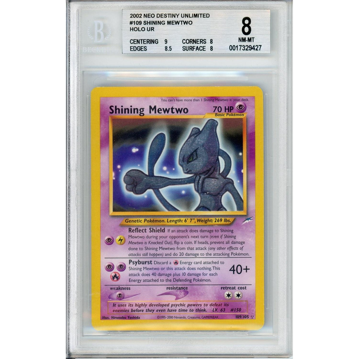 Pokémon Pokemon Graded: Shining Mewtwo 109/105 Neo Destiny Unlimited (2002) Holo Beckett 8
