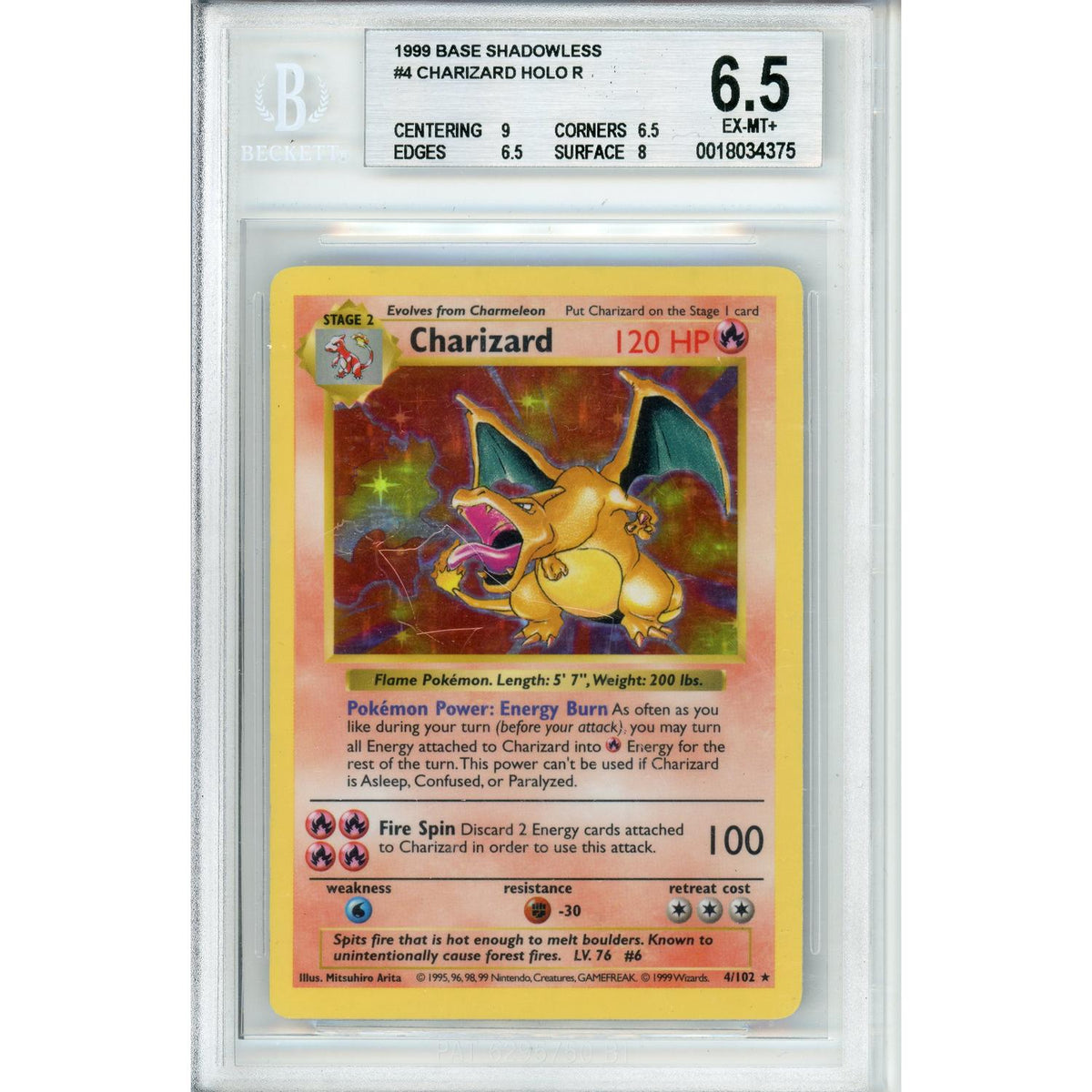 Pokémon Pokemon Graded: Charizard 4/102 Base Set Shadowless (1999) Holo Beckett 6.5