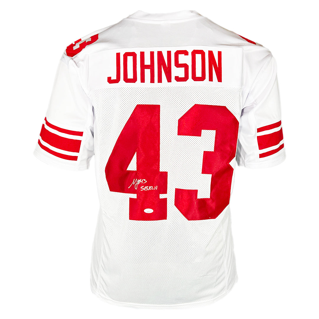 Michael Johnson Signed Sbxlii Inscription New York White Football Jersey (Jsa)