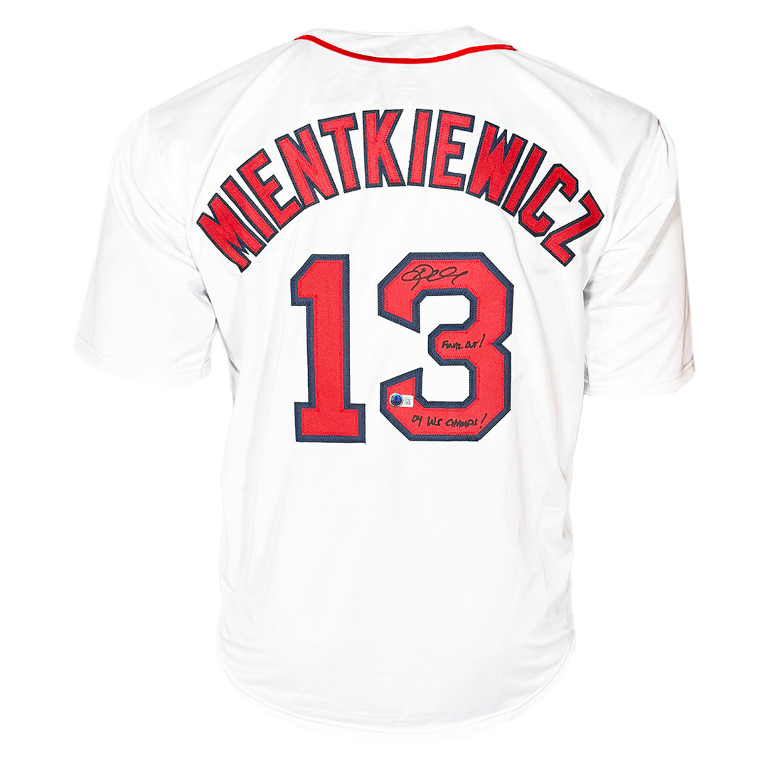 Doug Mientkiewicz Signed Final Out, 04 Ws Champs Inscription Boston White Baseball Jersey (Beckett)