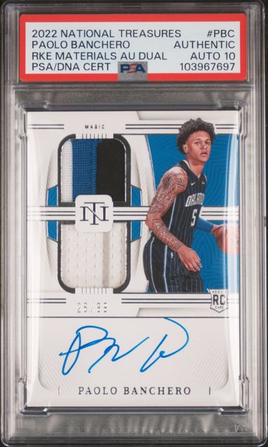 Basketball Panini Paolo Banchero 2022 Panini National Treasures Rookie Materials Dual Relic Auto Rc #'D 26/99 PSA Authentic Auto 10