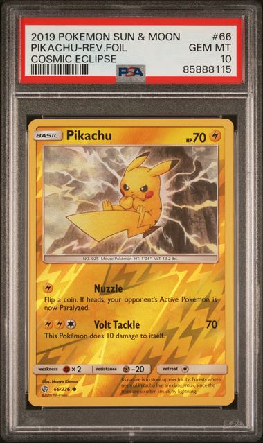 Pokémon Pikachu 2019 Pokemon Sun & Moon Cosmic Eclipse Reverse Holo #66/236 PSA 10