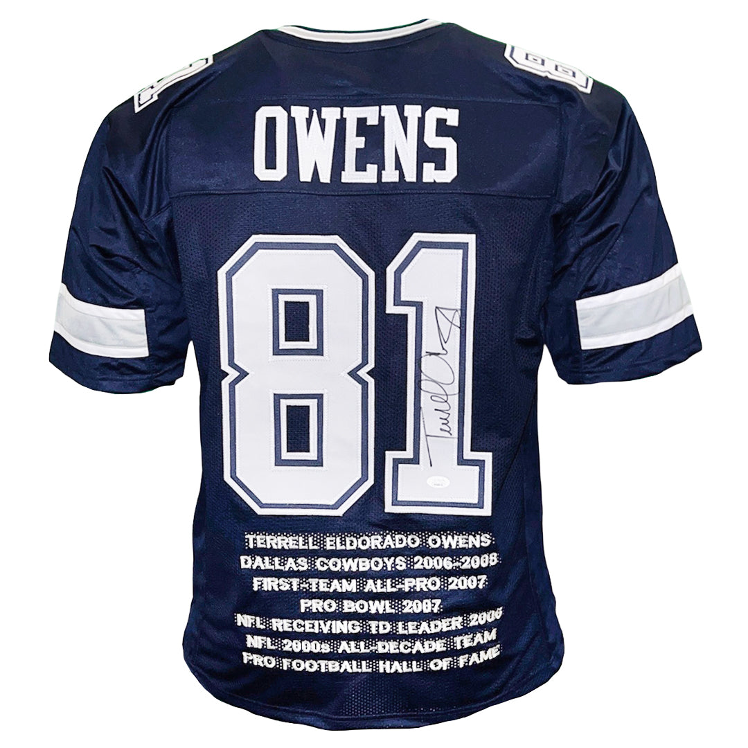 Terrell Owens Signed Dallas Blue Stats Football Jersey (Jsa)