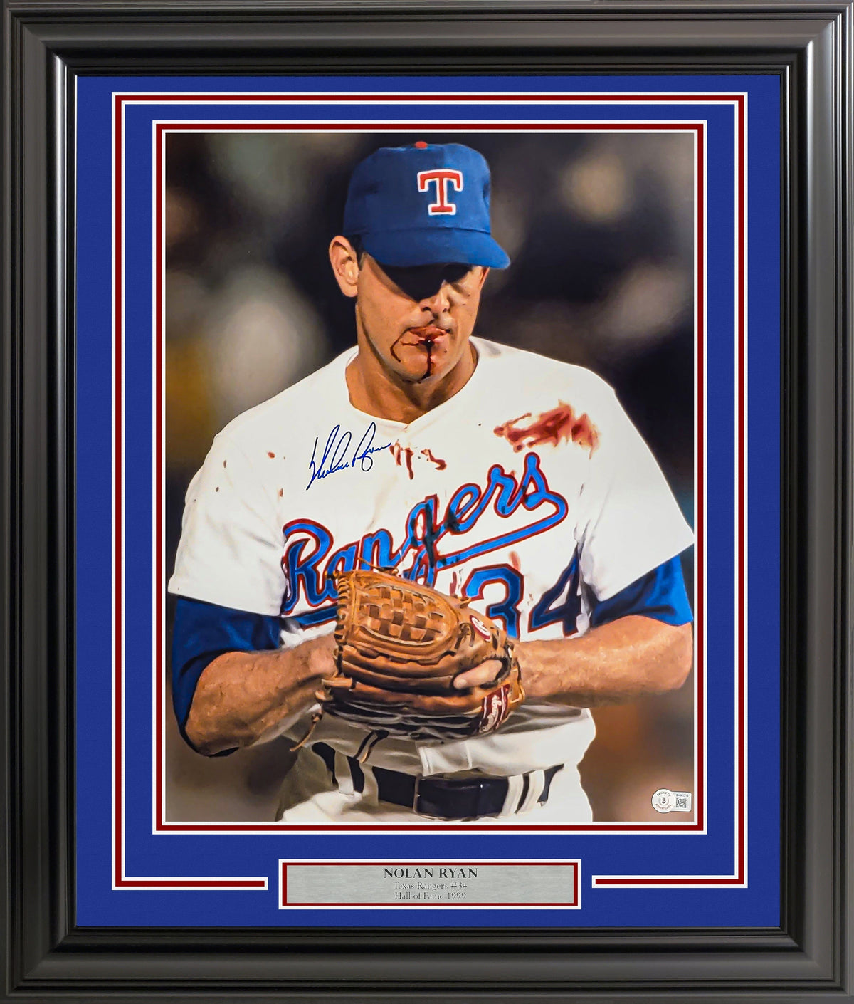Nolan Ryan Autographed Framed 16X20 Photo Texas Rangers Bloody Beckett Bas Qr Stock #220537