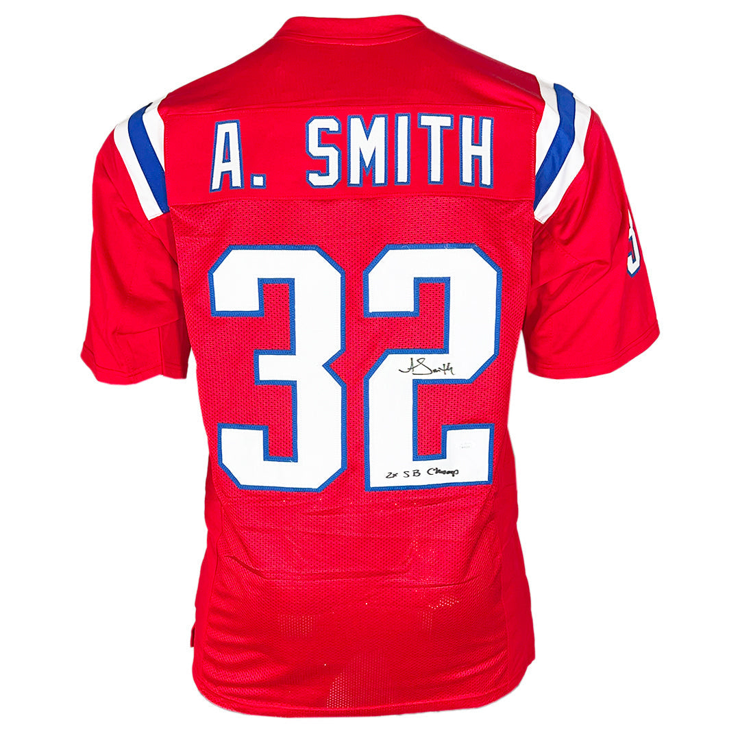 Antowain Smith Signed 2X Sb Champ Inscription New England Red Football Jersey (Jsa)