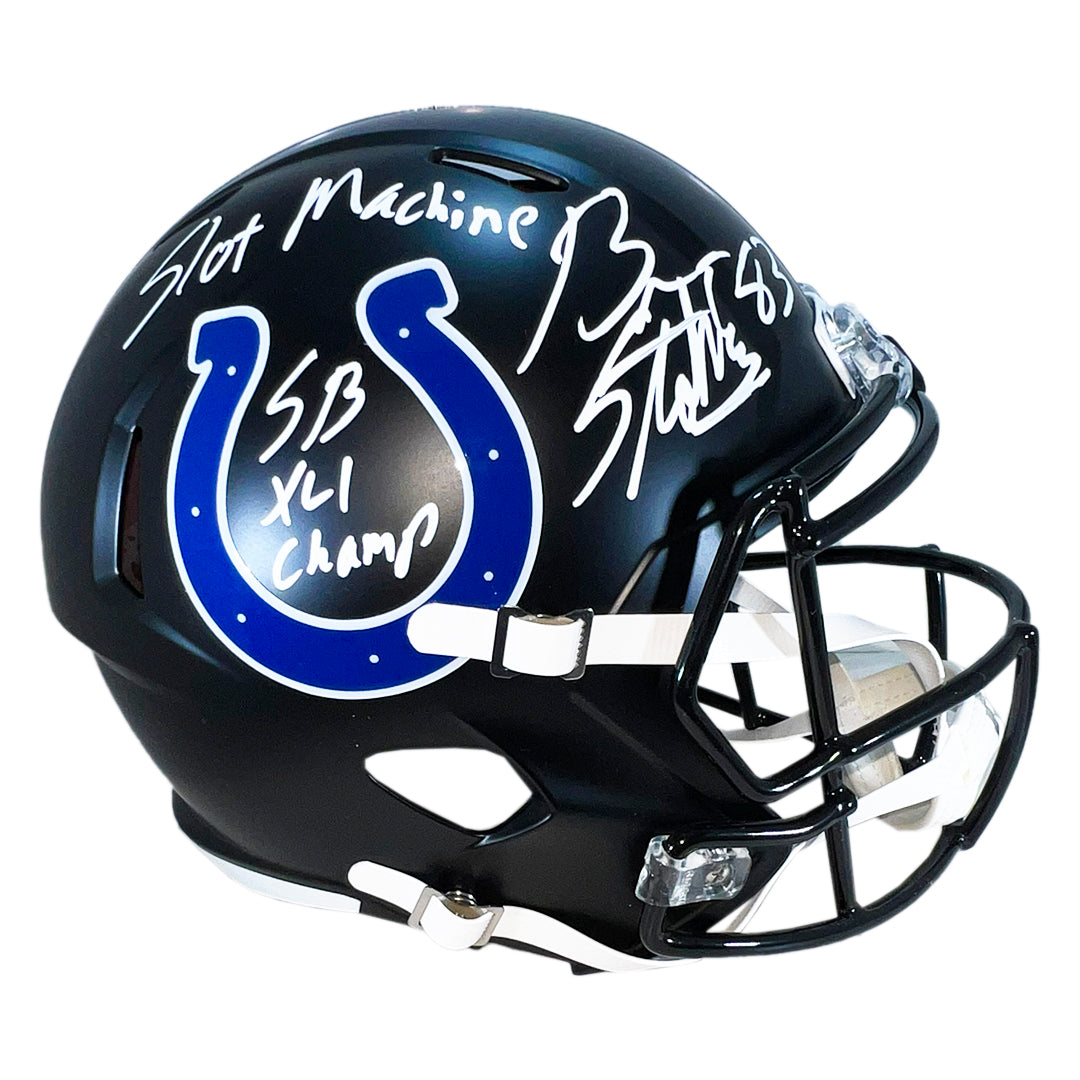 Brandon Stokley Signed Slot Machine Sb Xli Champ Inscription Indianapolis Colts Alt 2023 Speed Full-Size Replica Football Helmet (Beckett)