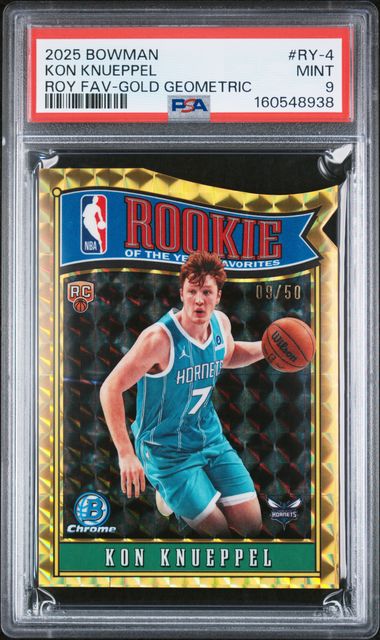 Basketball Bowman Kon Knueppel 2025 Bowman Basketball Rookie Of The Year Favorites Gold Geometric #'D 09/50 PSA 9