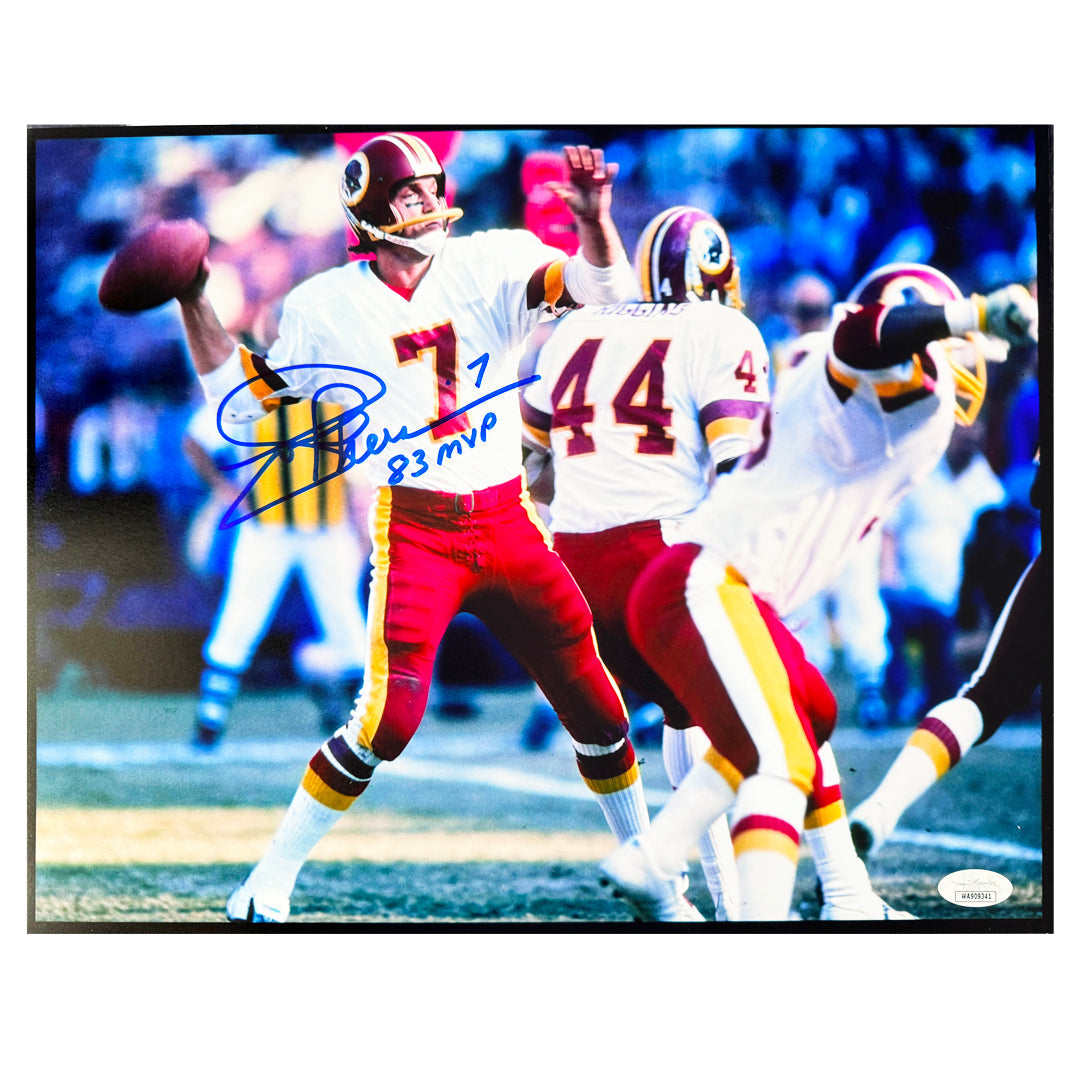 Joe Theismann Signed 83 Mvp Inscription Washington Pose 2 Football 11X14 Photo (Jsa)