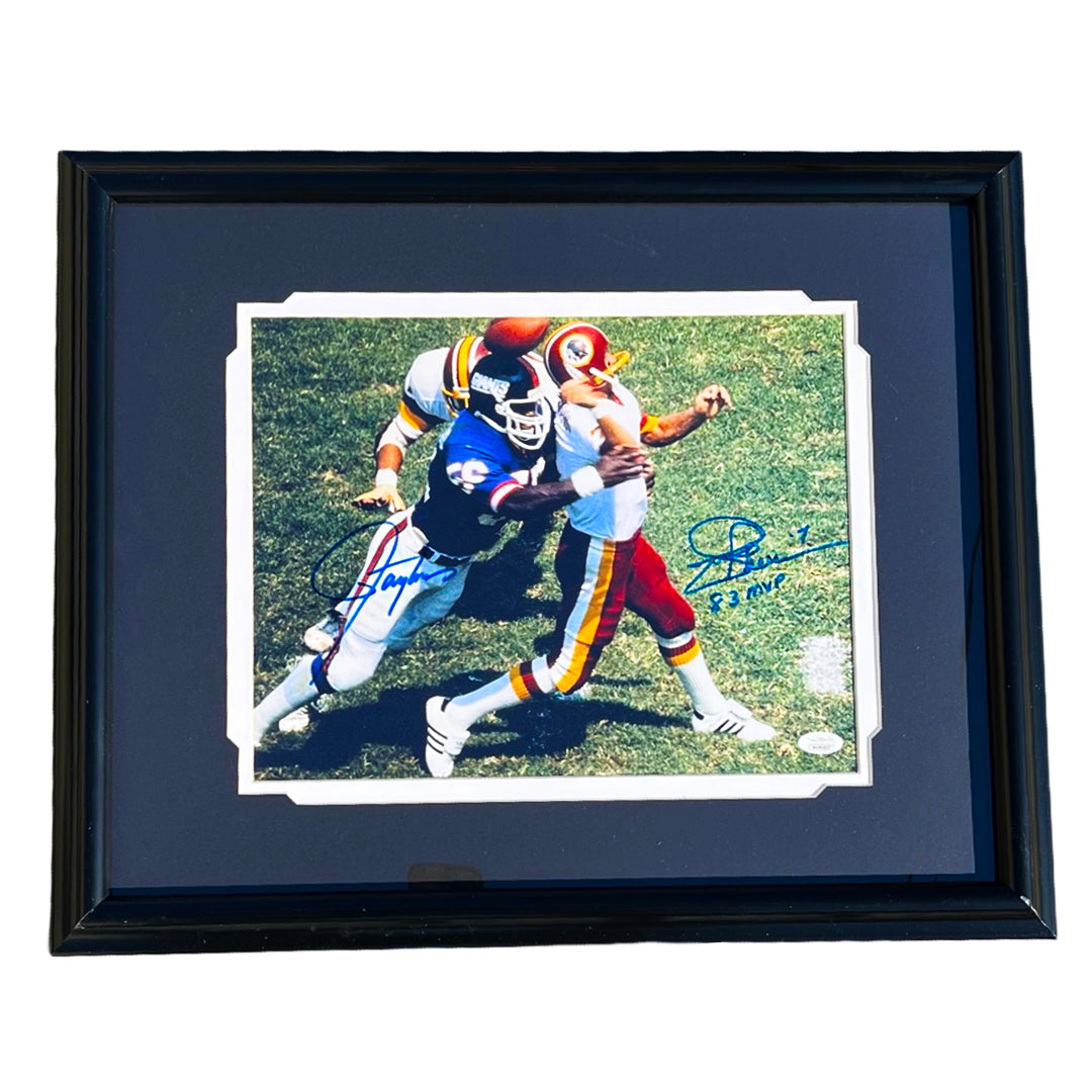 Lawrence Taylor And Joe Theismann Signed 83 Mvp Inscription Dual Signed Football Framed 11X14 Photo Pose 1  (Jsa)