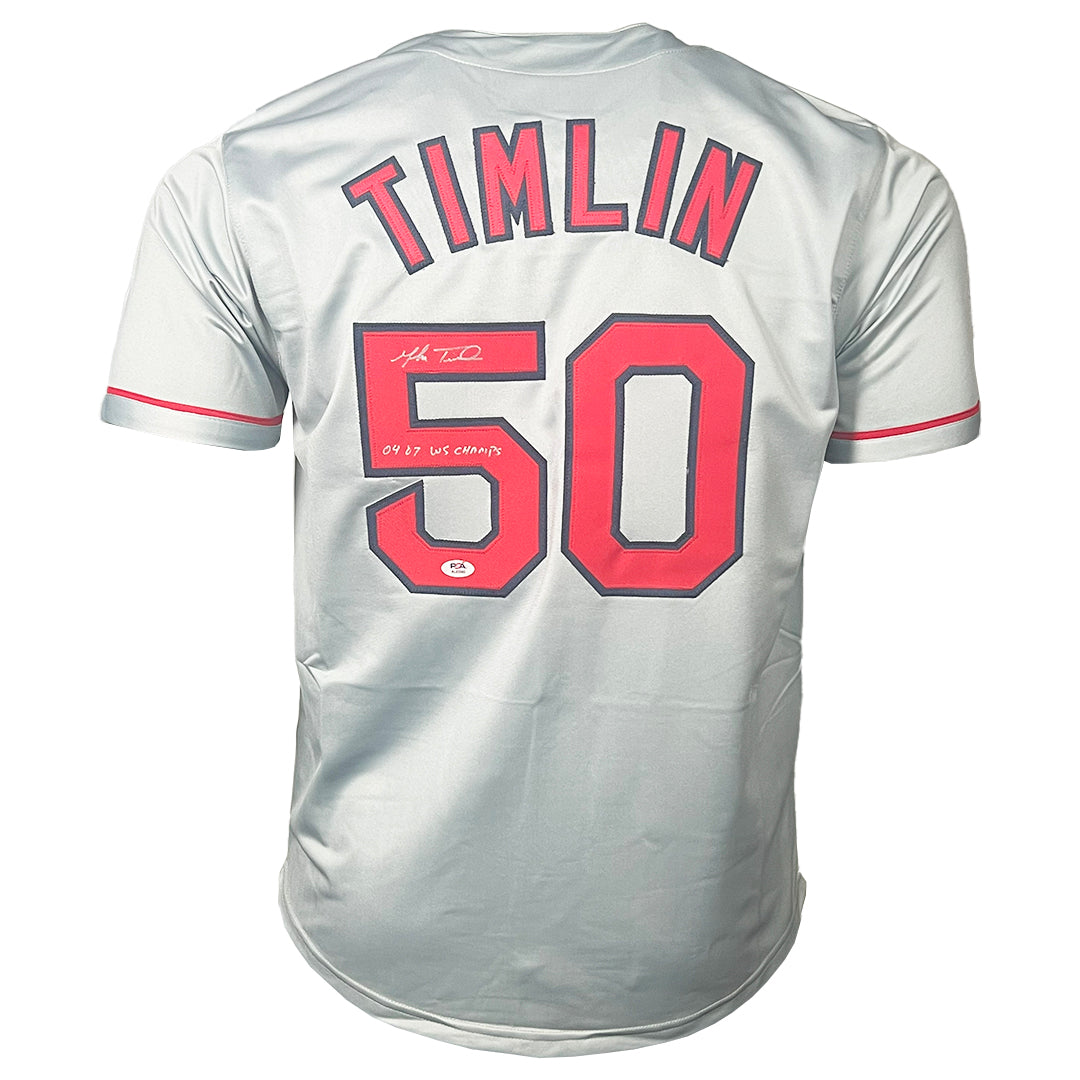 Mike Timlin Signed 04, 07 Ws Champs Inscription Boston Grey Baseball Jersey (PSA)