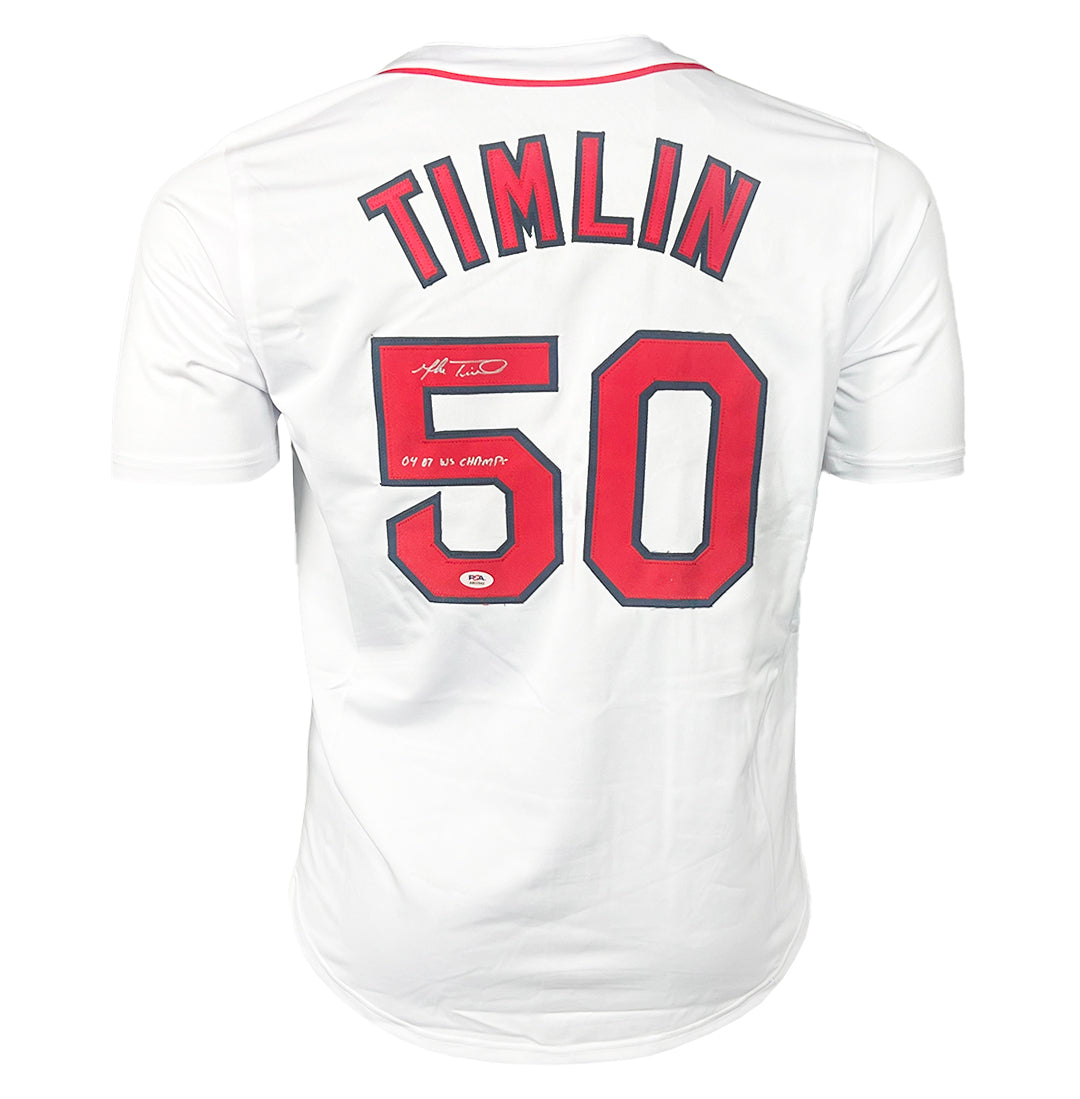 Mike Timlin Signed 04, 07 Ws Champs Inscription Boston White Baseball Jersey (PSA)