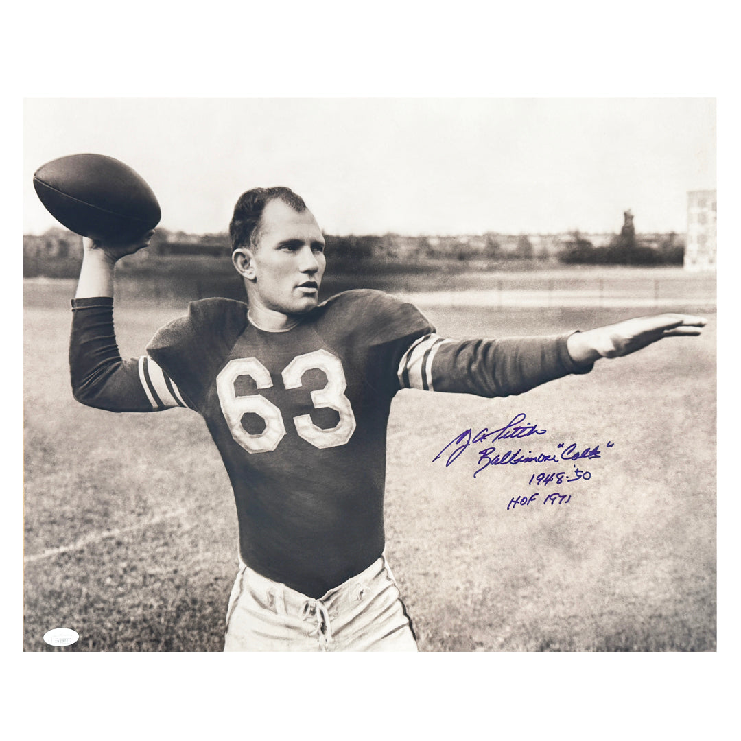 Y.A. Tittle Signed Baltimore Colts 1948-50, Hof 71 Inscription Pose 2 Football 16X20 Photo (Jsa)