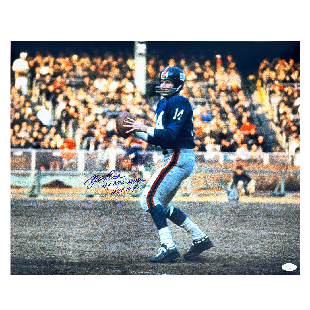 Y.A. Tittle Signed 4X NFL Mvp Hof 71 Inscription New York Pose 7-1 Football 16X20 Photo (Jsa)